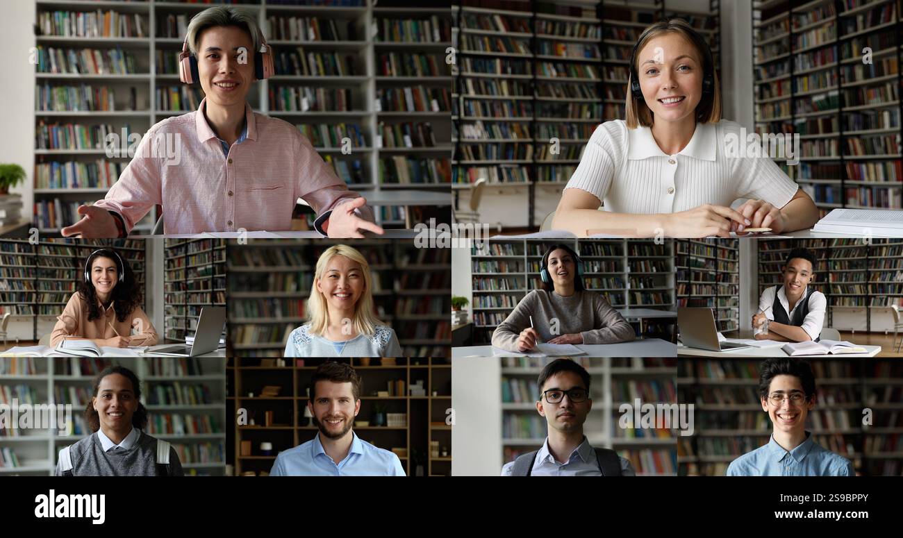 Multiple videos collage, diverse students take part in videoconference Stock Photo