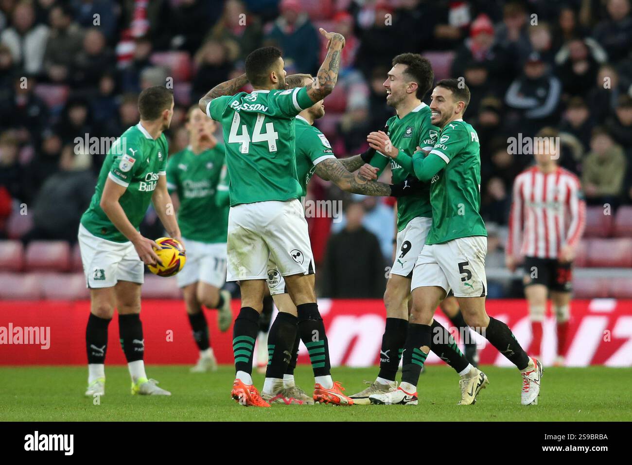 Plymouth Argyle's players celebrate their first goal during the Sky Bet ...