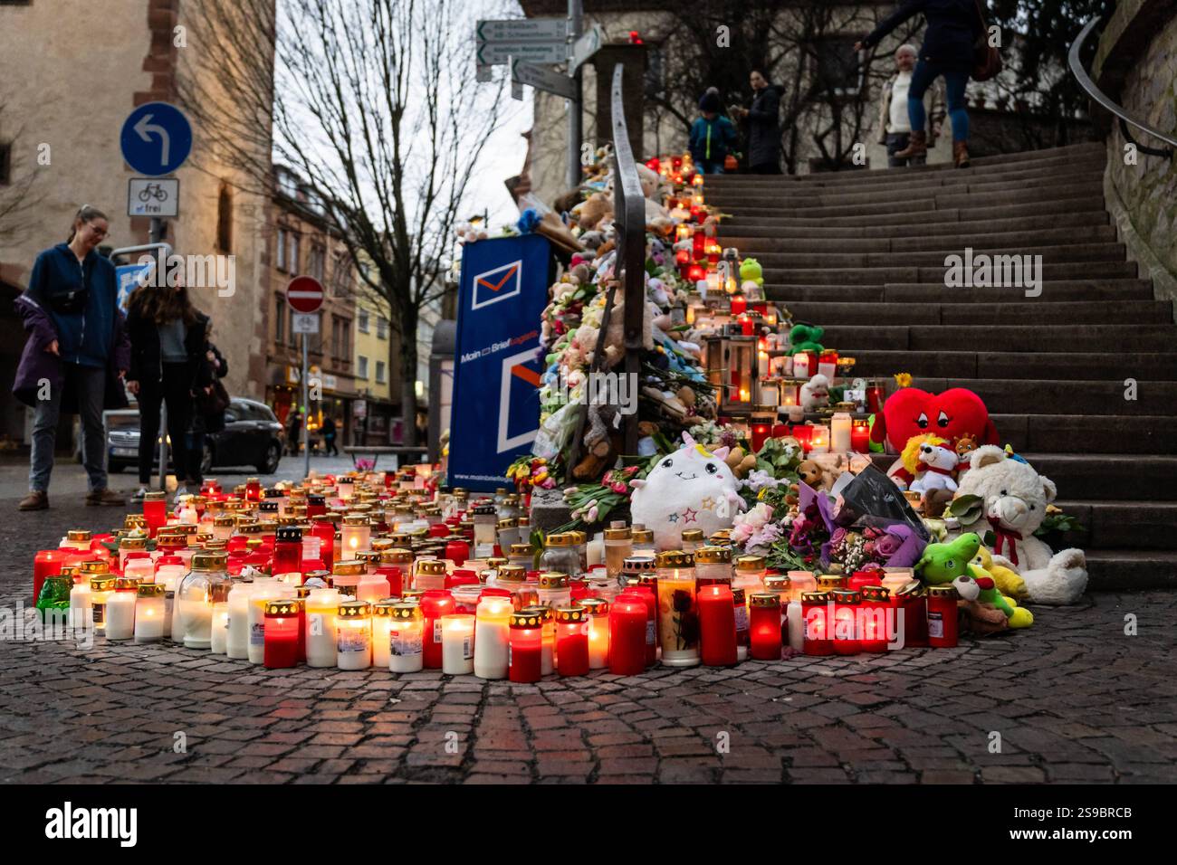 Aschaffenburg, Bavaria, Germany - January 25, 2025: In Schöntalpark in Aschaffenburg, people gather in silent mourning to commemorate the victims of the knife attack. Candles and flowers bear witness to sympathy, pain and solidarity in a deeply moved community *** Im Schöntalpark in Aschaffenburg versammeln sich Menschen in stiller Trauer, um der Opfer des Messerangriffs zu gedenken. Kerzen und Blumen zeugen von Anteilnahme, Schmerz und Solidarität in einer tief bewegten Gemeinschaft Stock Photo
