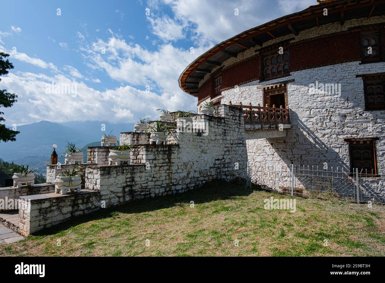 Stone steps and bridge lead to entrance of National Museum of Bhutan - a former watchtower for Paro Dzong, Bhutan Stock Photo