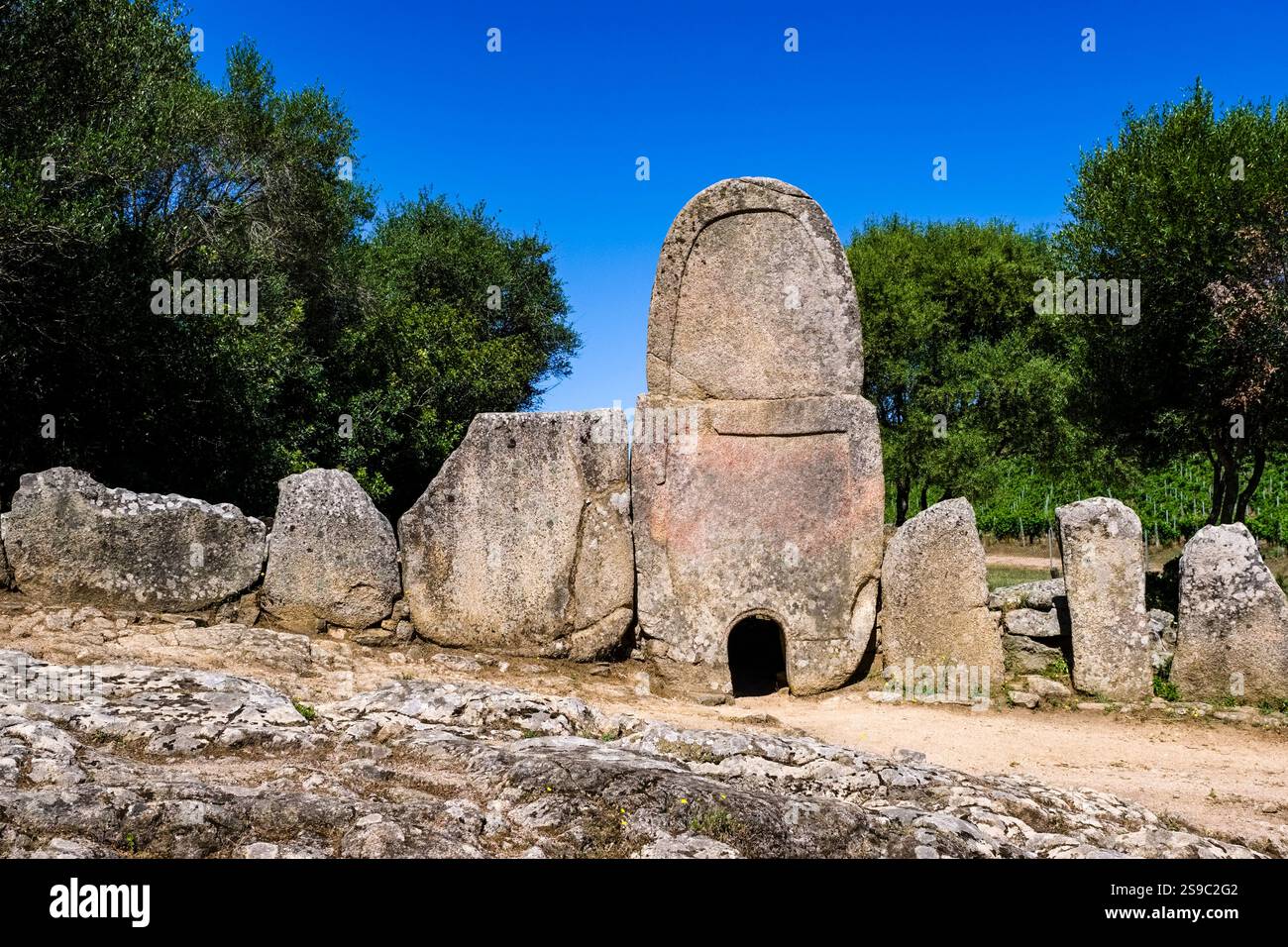 Tomb stones in the Giants' grave of Coddu Vecchiu, Tomba dei giganti di Coddu Vecchiu, a Nuragic funerary monument, dating from the Bronze Age. Stock Photo