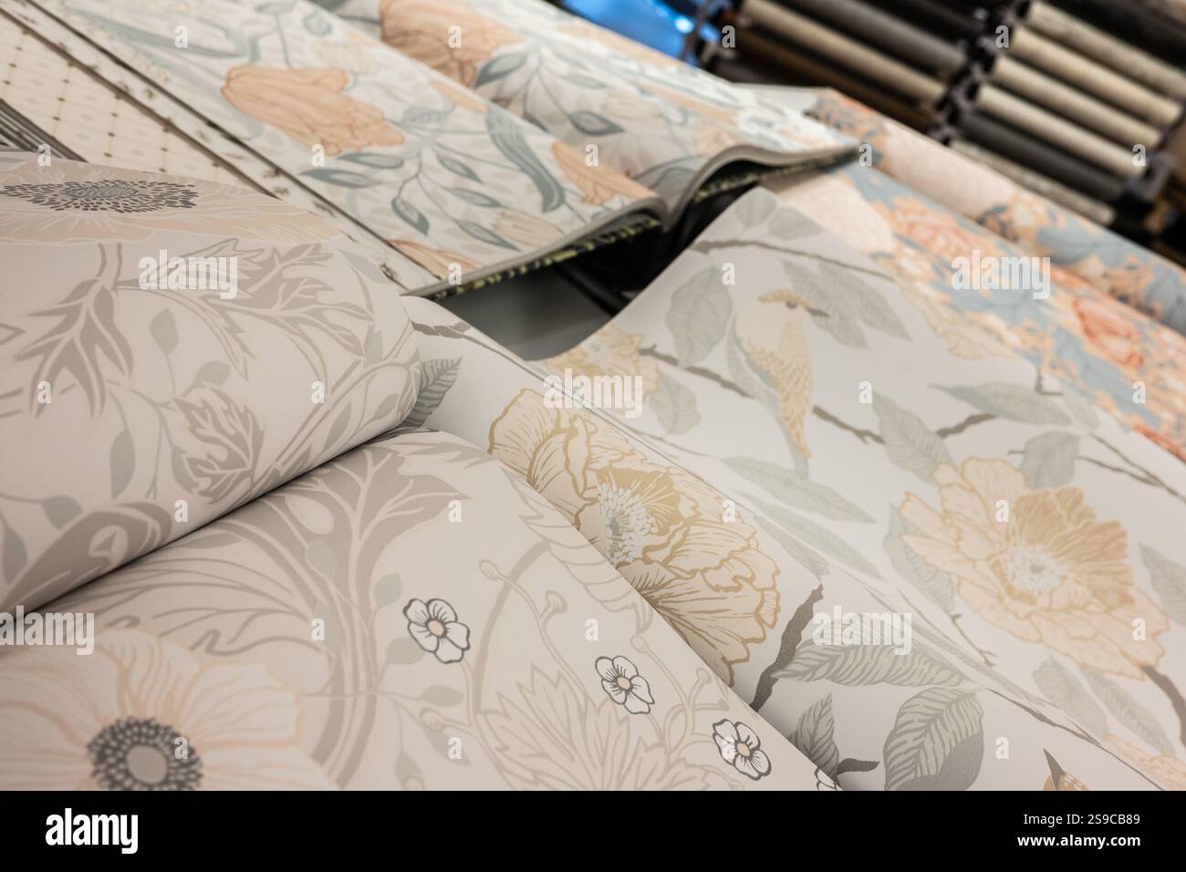 Rolls of wallpaper on a table Stock Photo