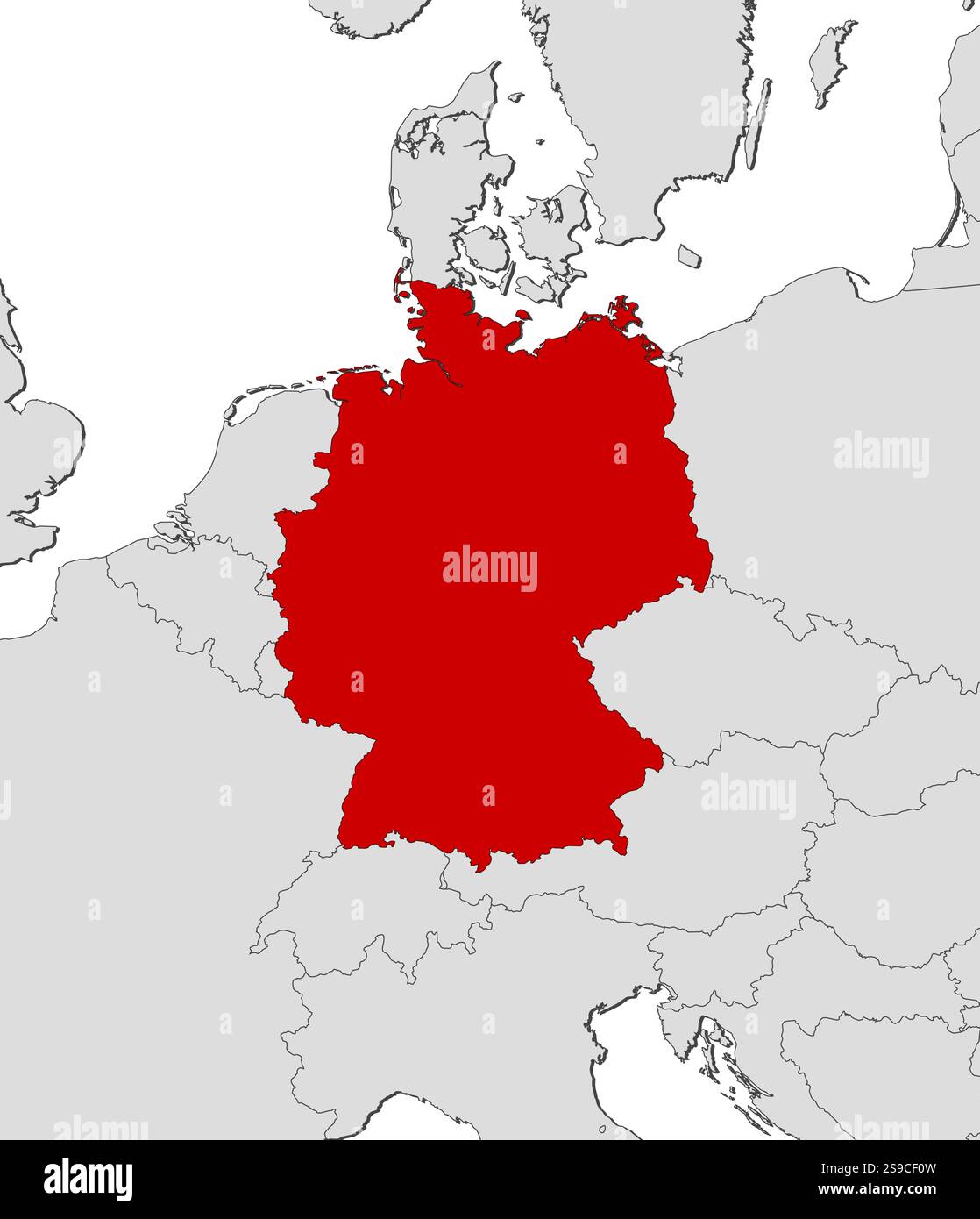 Map of Germany and nearby countries, Germany is highlighted in red ...