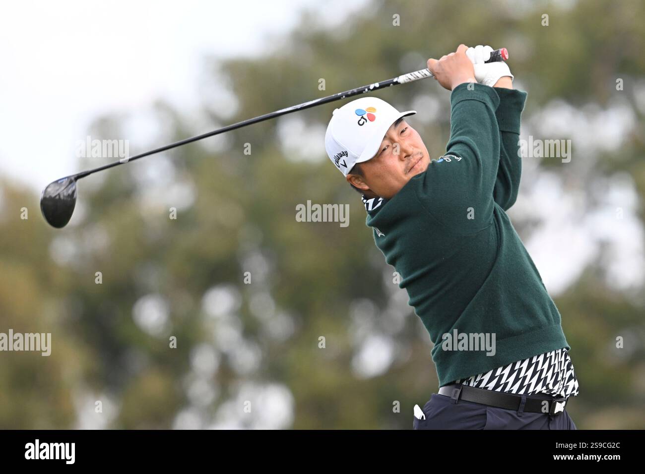 K.H. Lee hits his tee shot on the second hole on the South Course at