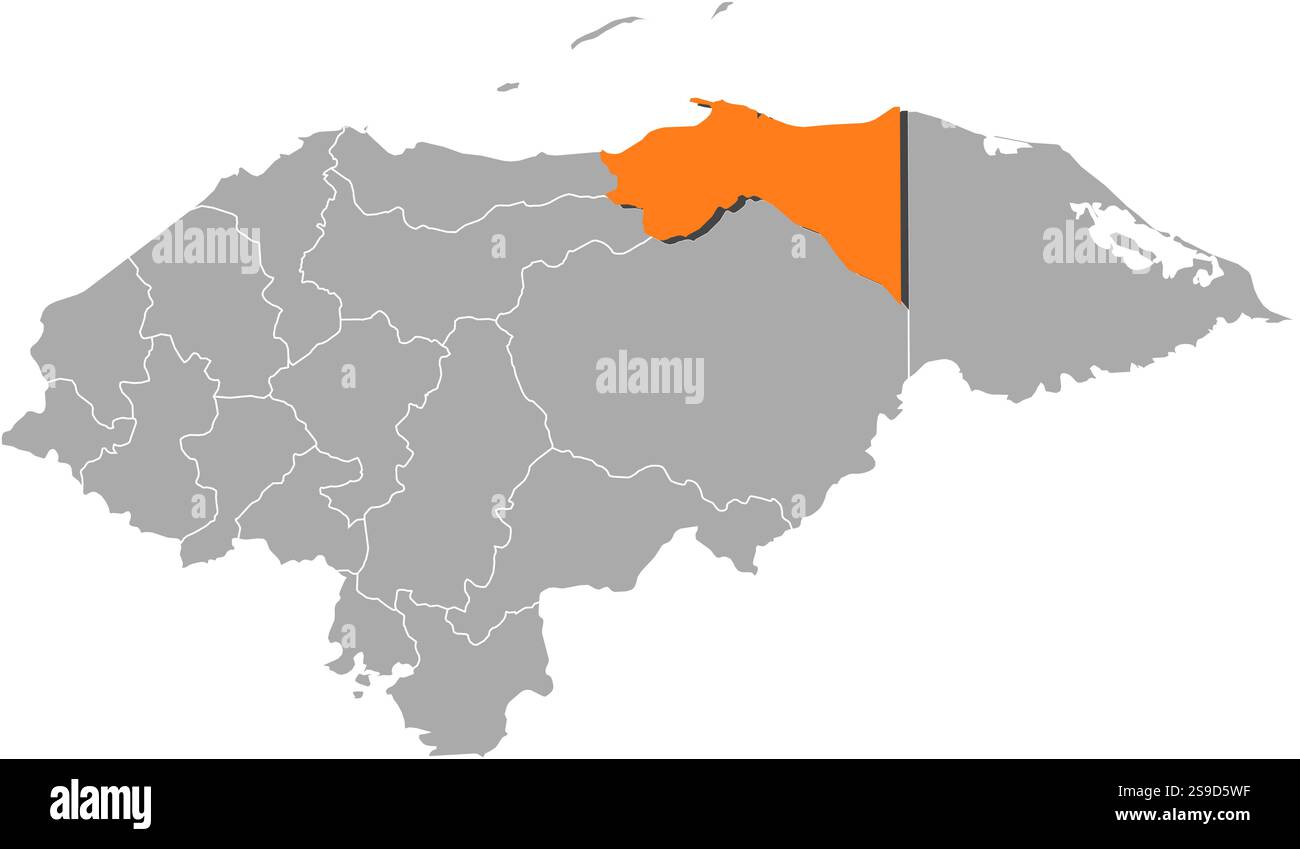 Map of Honduras with the provinces, Colón is highlighted by orange ...