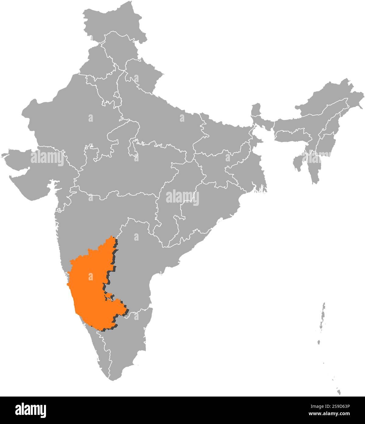 Map of India with the provinces, Karnataka is highlighted by orange. Stock Vector