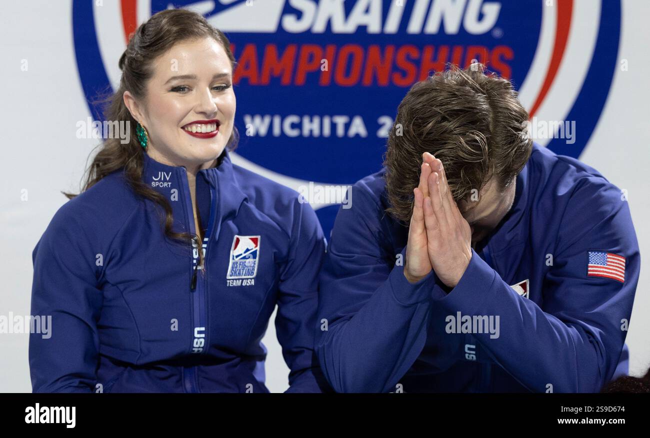 Christina Carreira, left, and Anthony Ponomarenko, right, await their