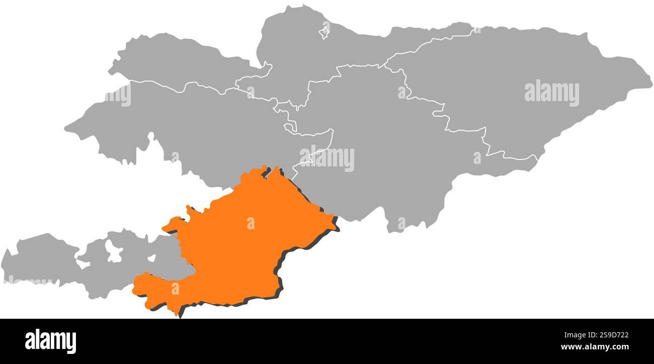 Map of Kyrgyzstan with the provinces, Osh is highlighted by orange ...