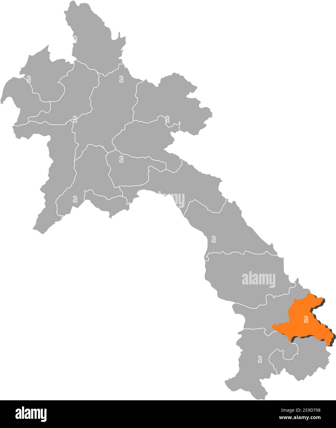 Map of Laos with the provinces, Sekong is highlighted by orange Stock ...