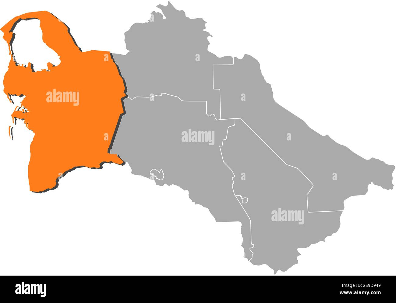 Map of Turkmenistan with the provinces, Balkan is highlighted by orange ...