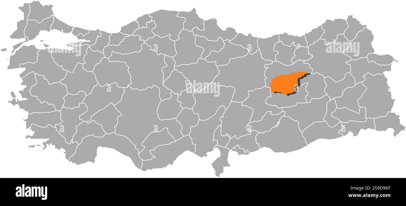 Map of Turkey with the provinces, Tunceli is highlighted by orange ...