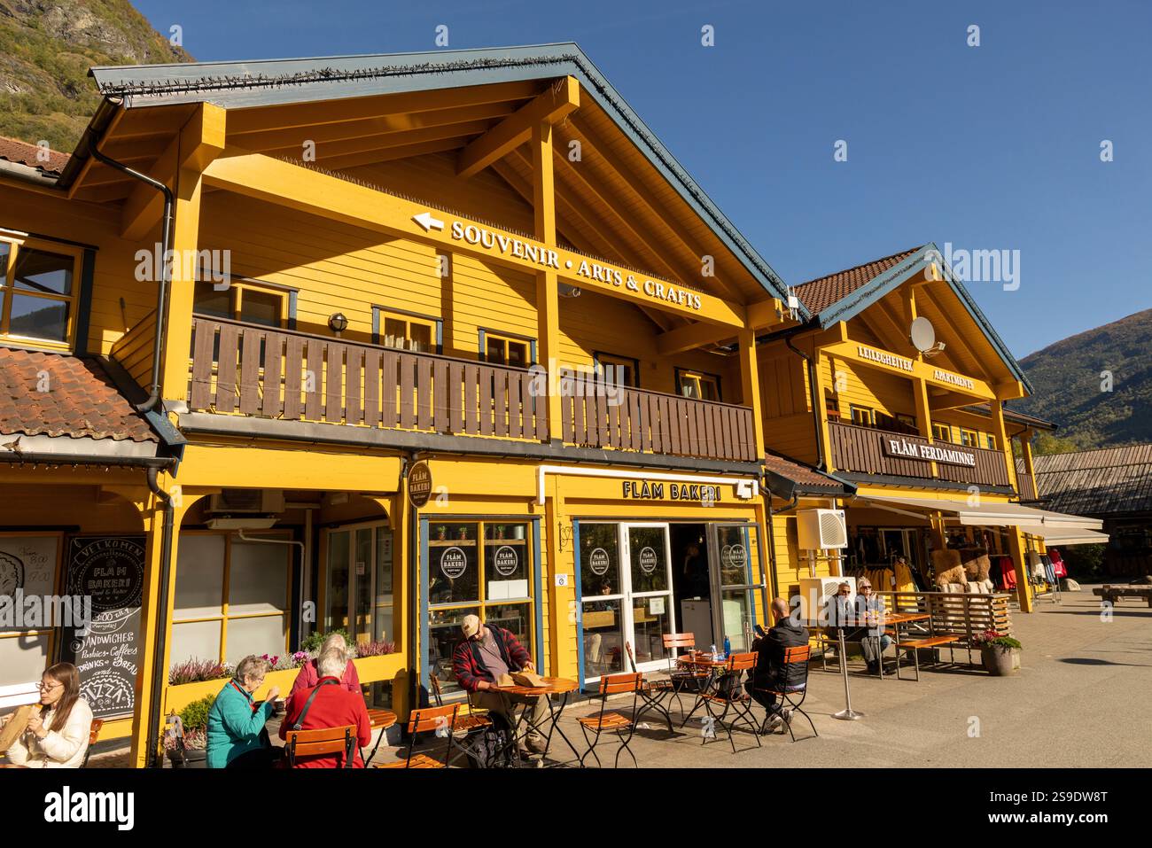 Flam Village Norway, shops, stores,cafe and bakery in Flam village centre,Western Norway,Europe,2024 Stock Photo