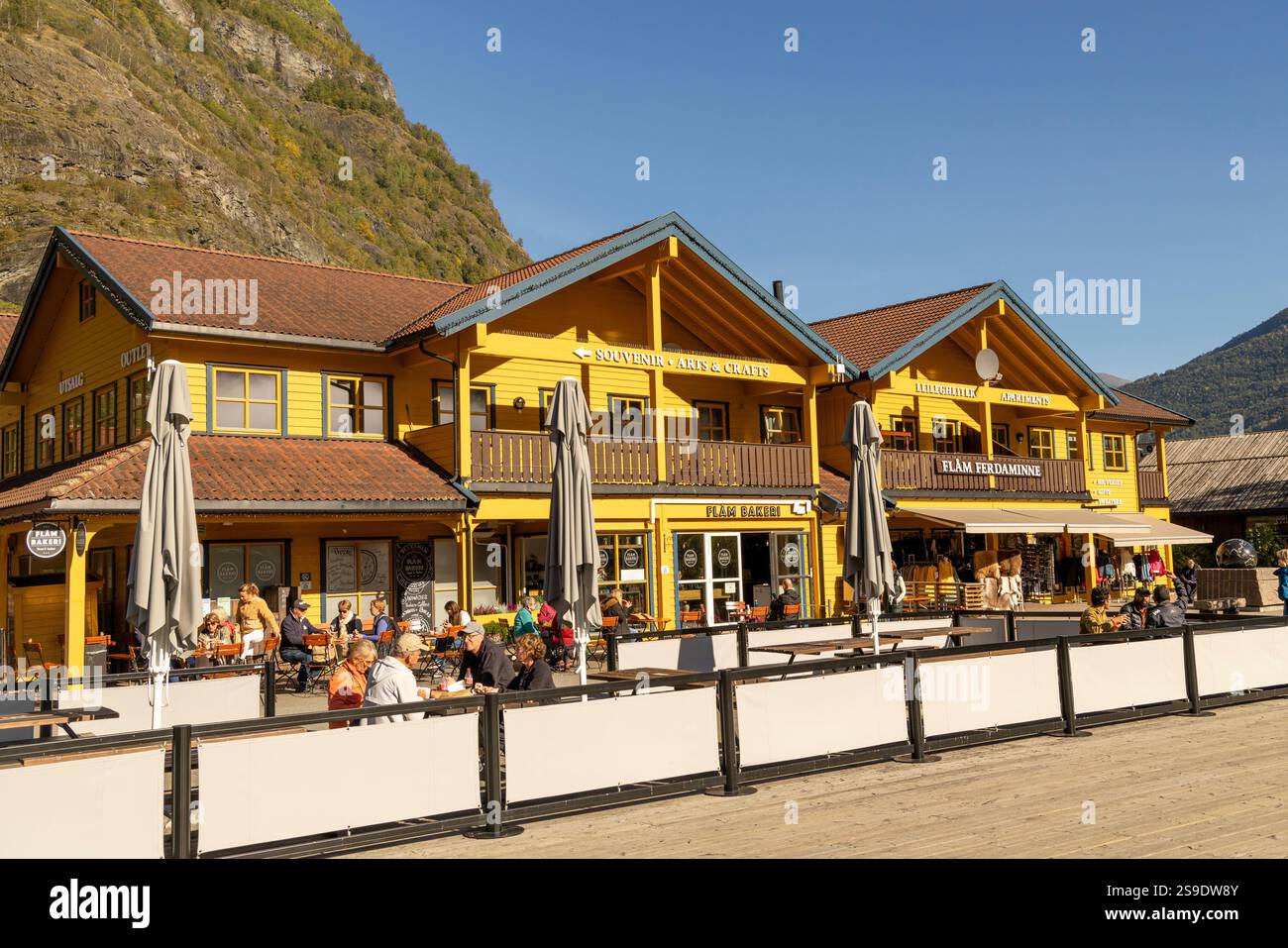 Flam Village Norway, shops, stores,cafe and bakery in Flam village centre,Western Norway,Europe,2024 Stock Photo