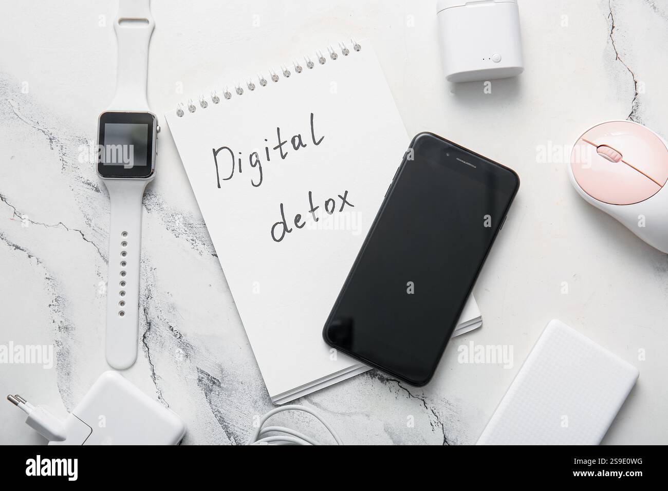 Notebook with text DIGITAL DETOX and different gadgets on light background Stock Photo