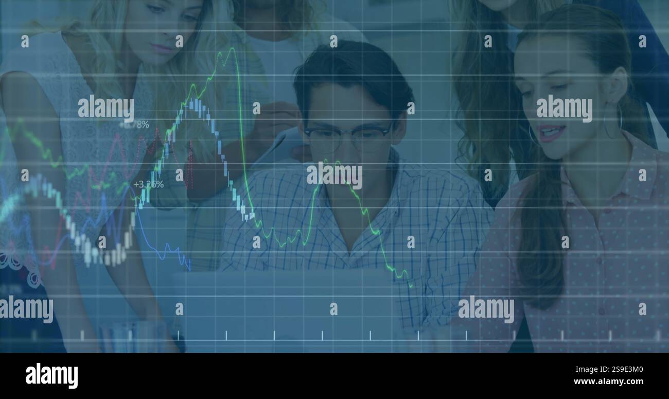 Analyzing financial data image over diverse business team working on laptop Stock Photo