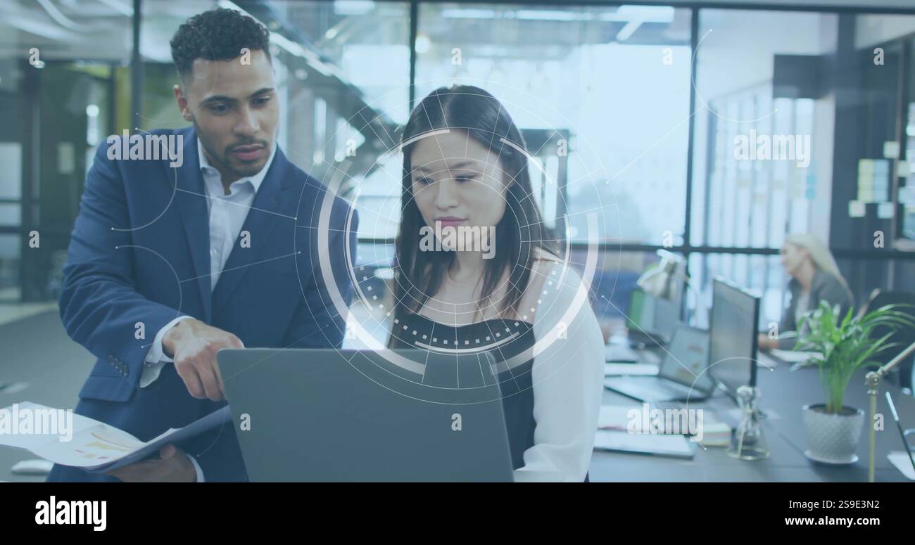 Business data processing image over diverse colleagues discussing work ...