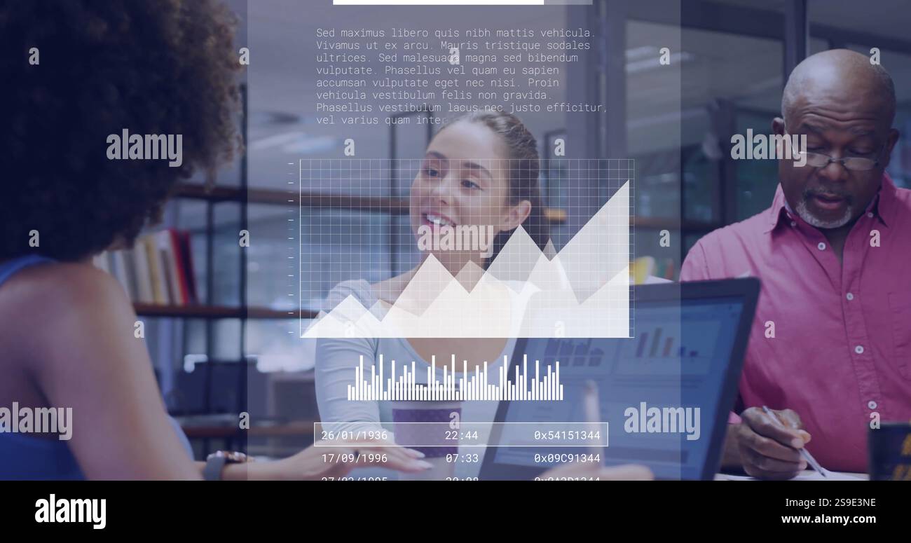 Data analysis and coding image over diverse business people working in office Stock Photo