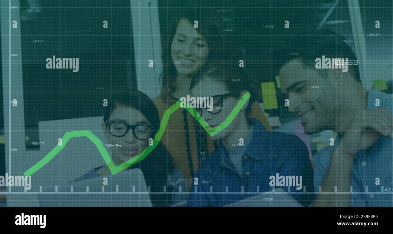 Financial data graph image over diverse business team collaborating on project Stock Photo
