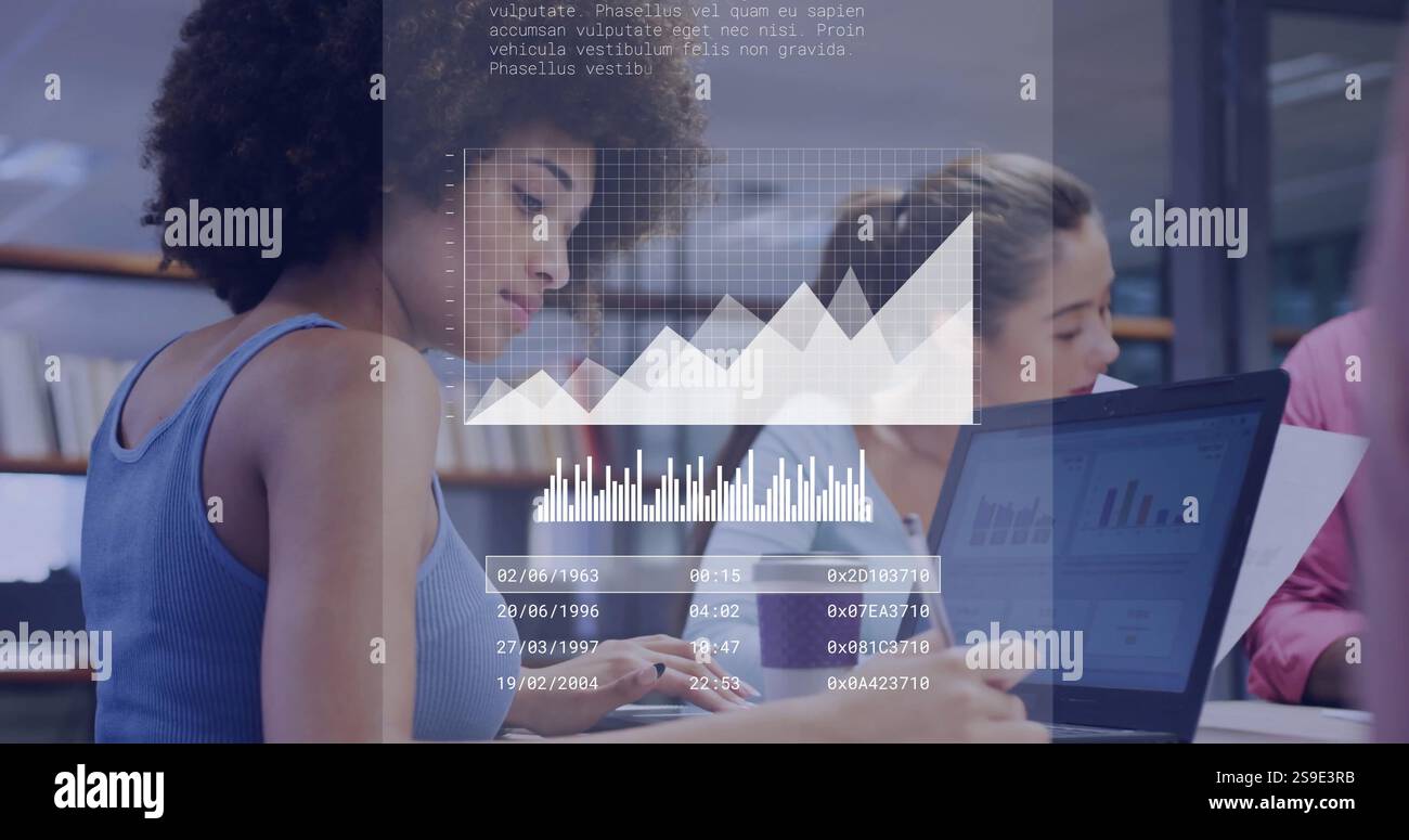Data analysis and coding image over diverse business people working in office Stock Photo