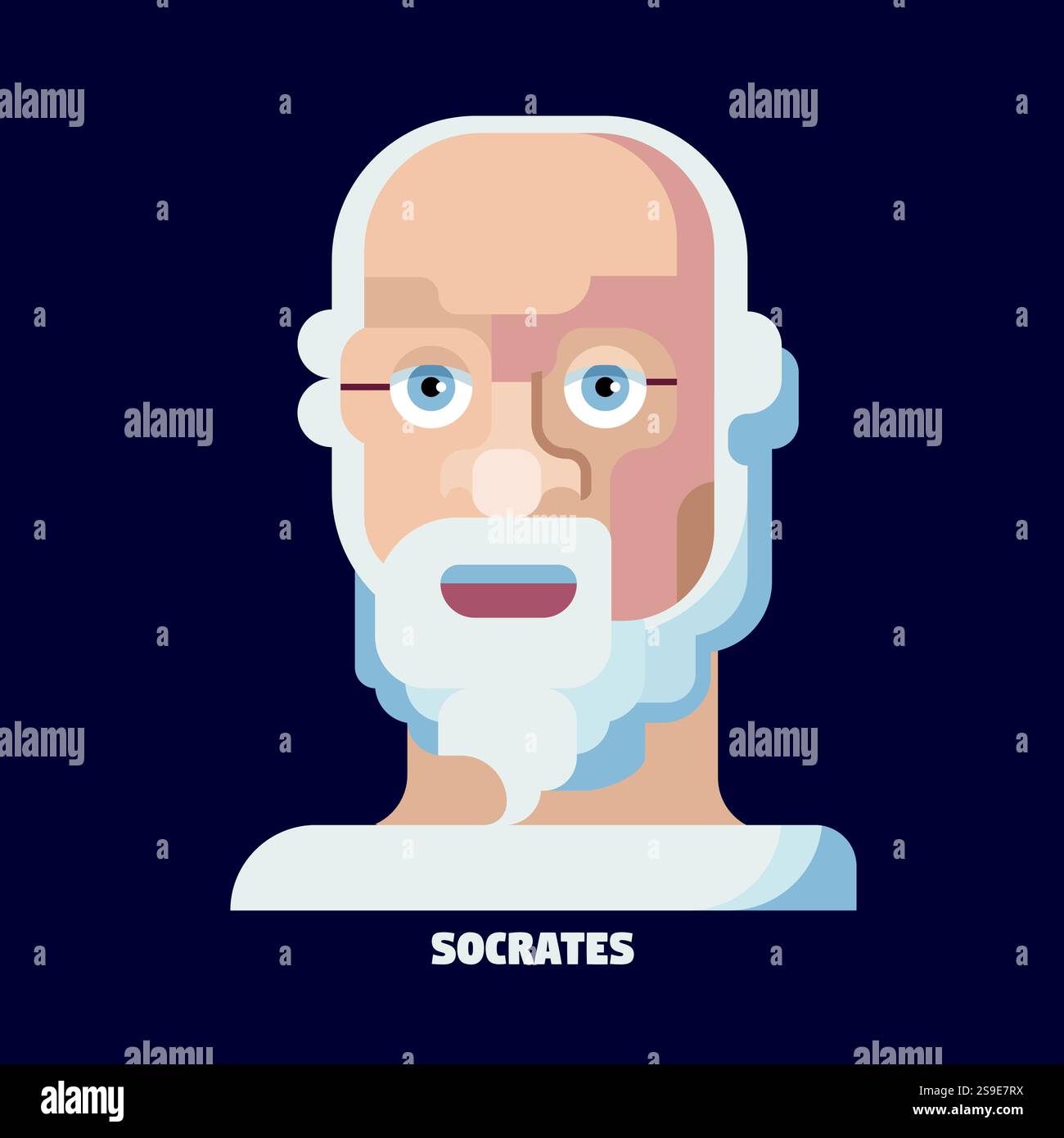 A minimalist vector flat portrait of Socrates, featuring clean geometric shapes, symbolizing his timeless legacy as a philosopher and seeker of truth Stock Vector