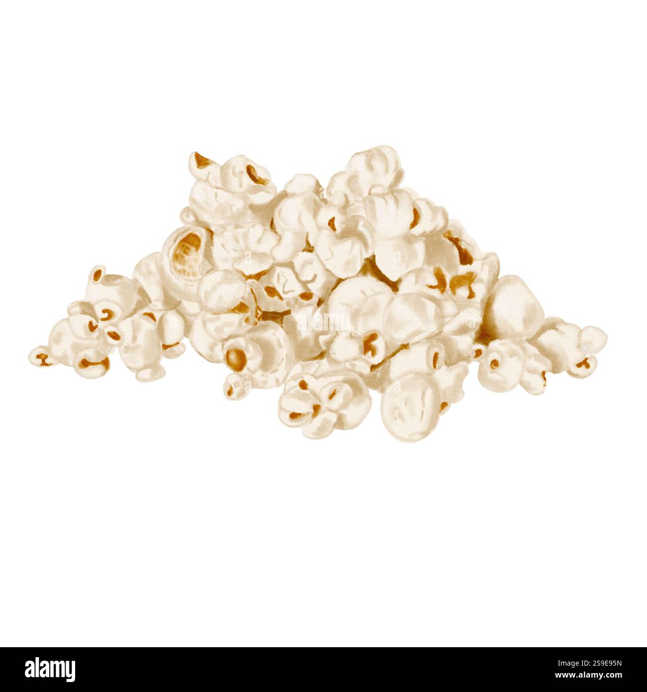 Popcorn, holiday and movie snack. Watercolor illustration. No background. Scattered small food parts. leftover food. Illustration for cinema, menu Stock Photo