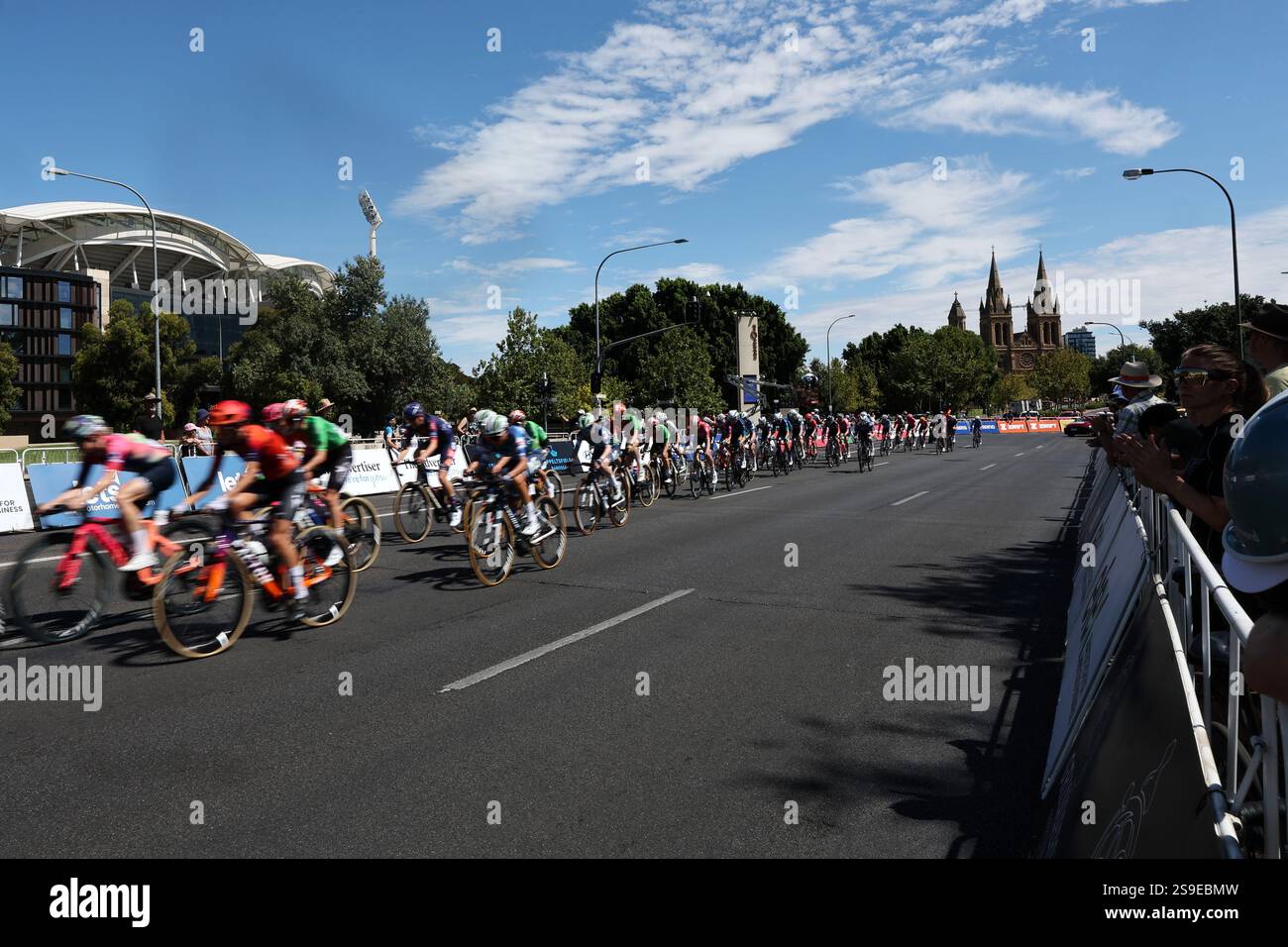 The Peloton makes its way around the Adelaide circuit during the Santos