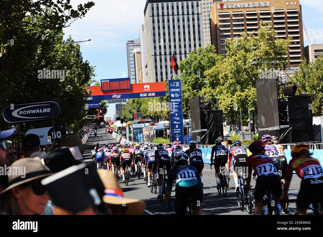 The Peloton makes its way around the Adelaide circuit during the Santos