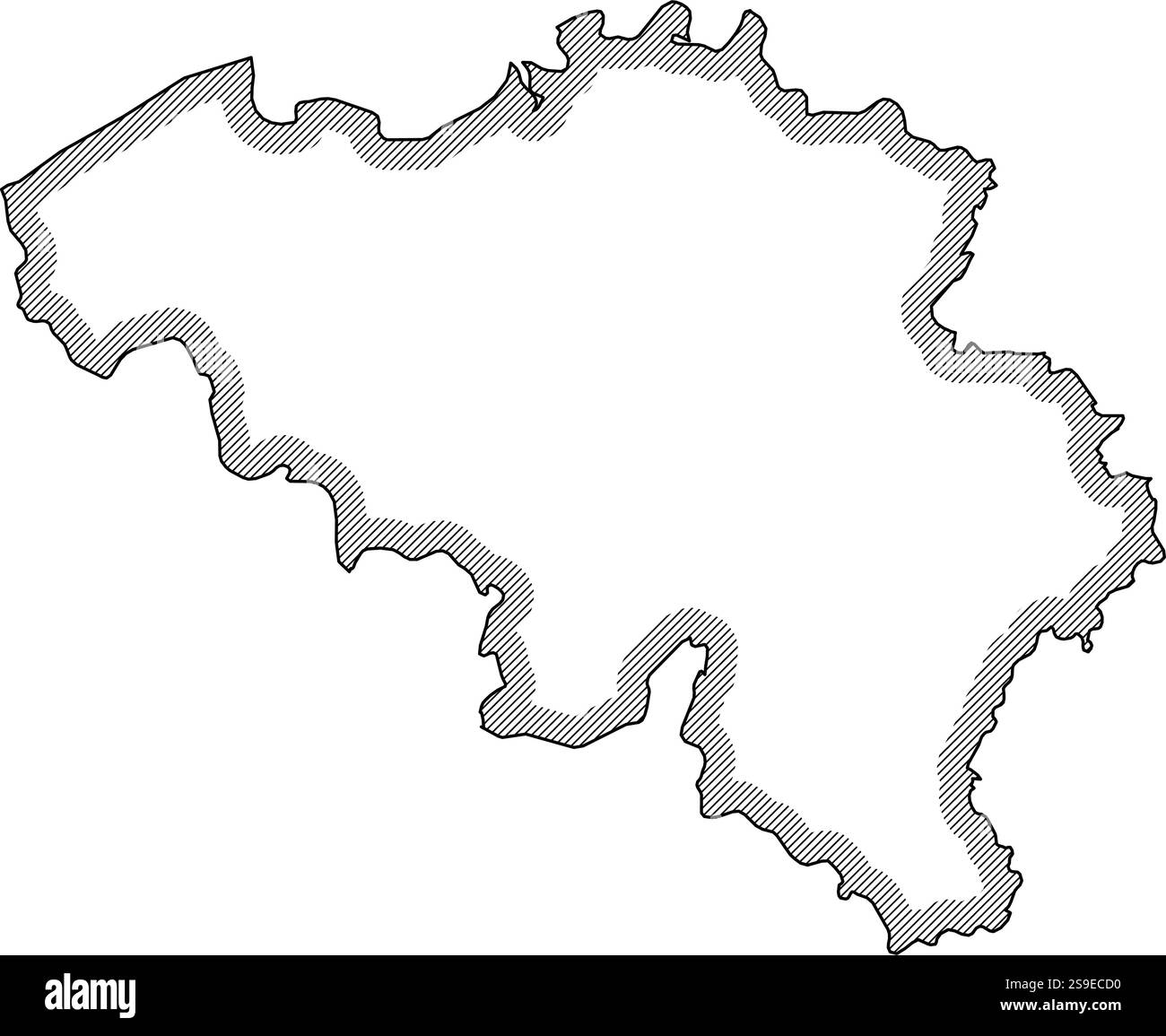 Map of Belgium in black and white, Belgium is highlighted by a hatching ...