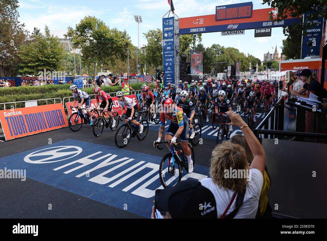 Riders start during the Santos Women's Tour Down Under street classic