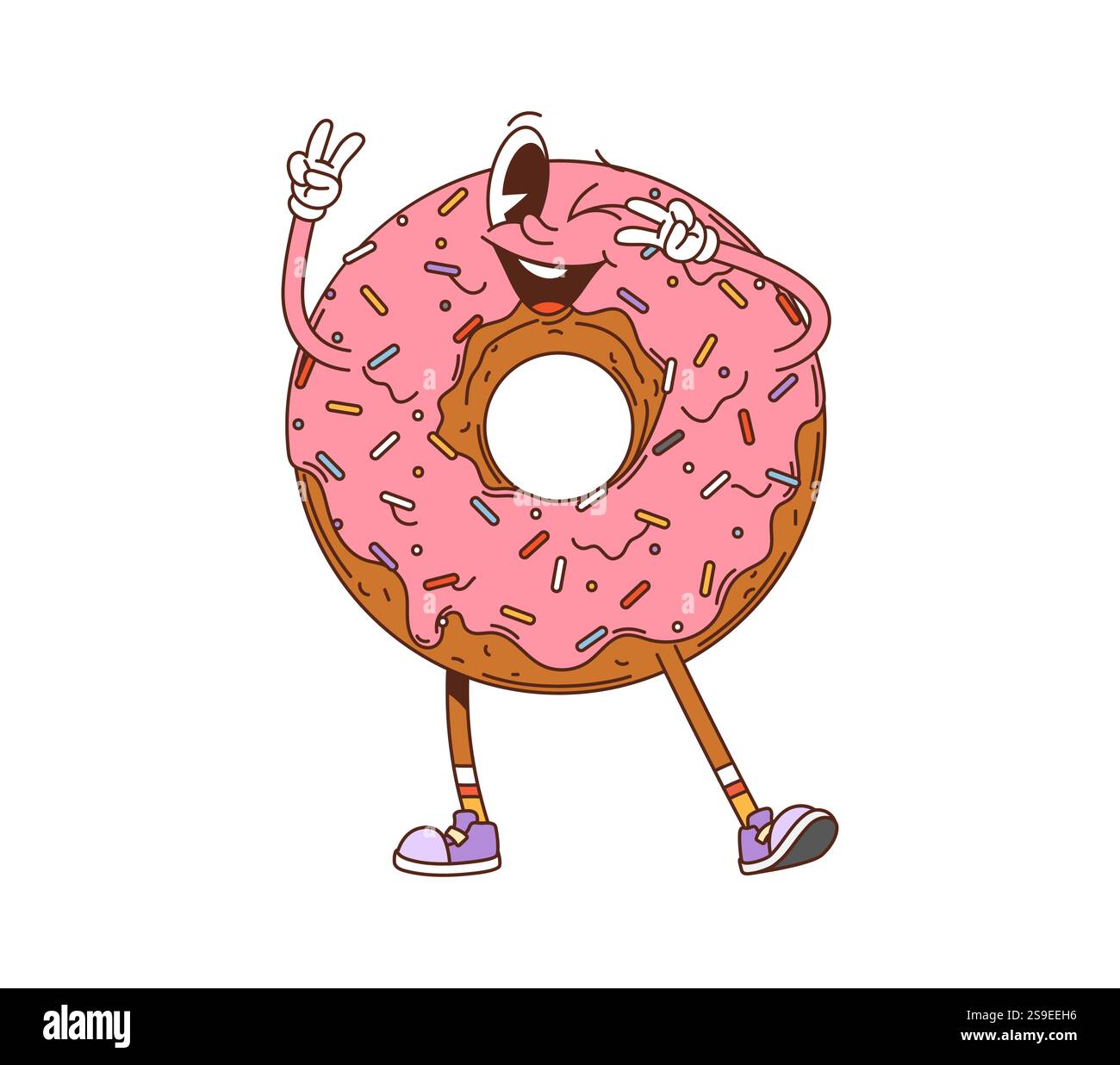 Retro hippie groovy donut dessert character. Frosted donut ...