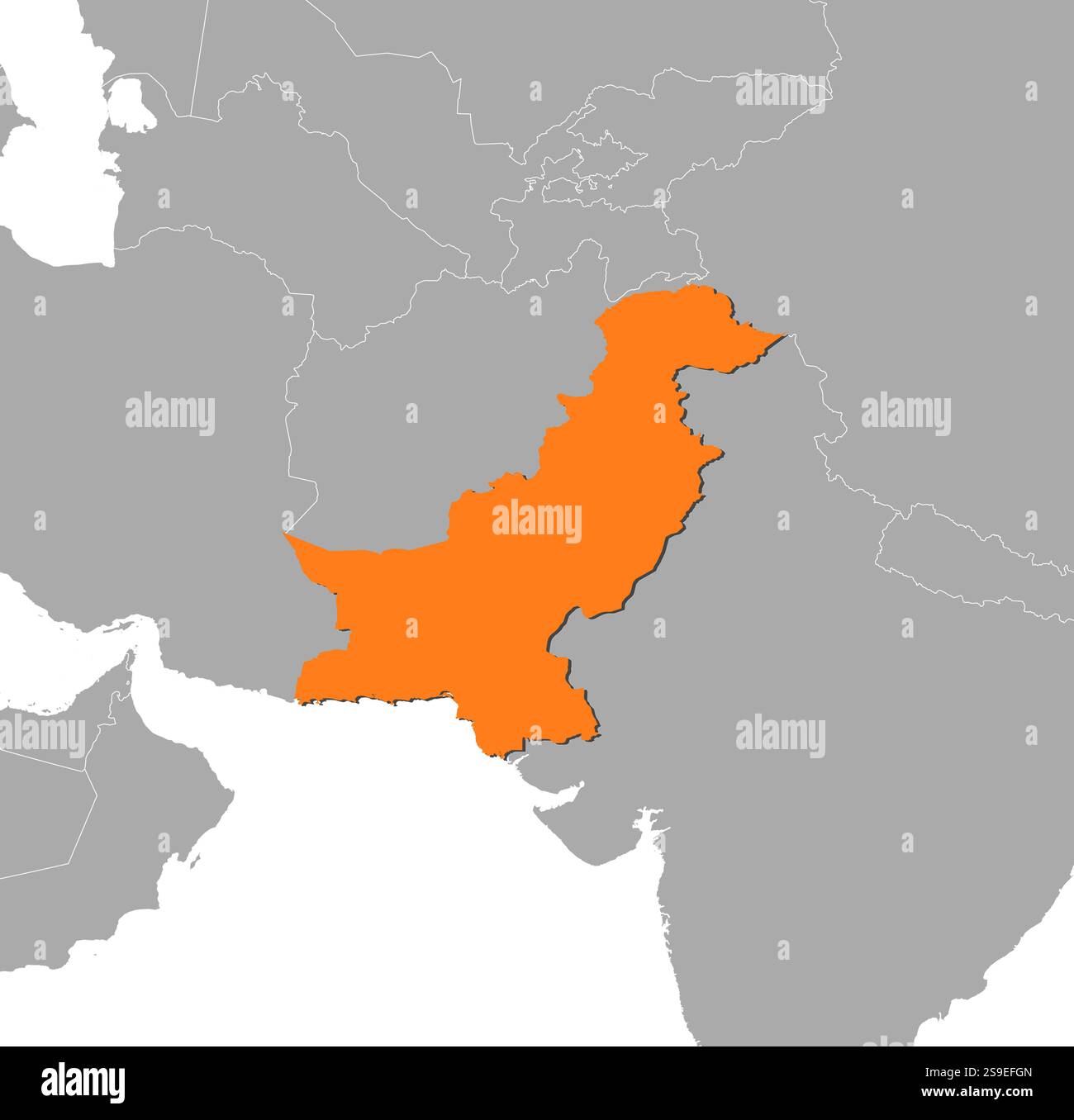 Map of Pakistan and nearby countries, Pakistan is highlighted in orange ...