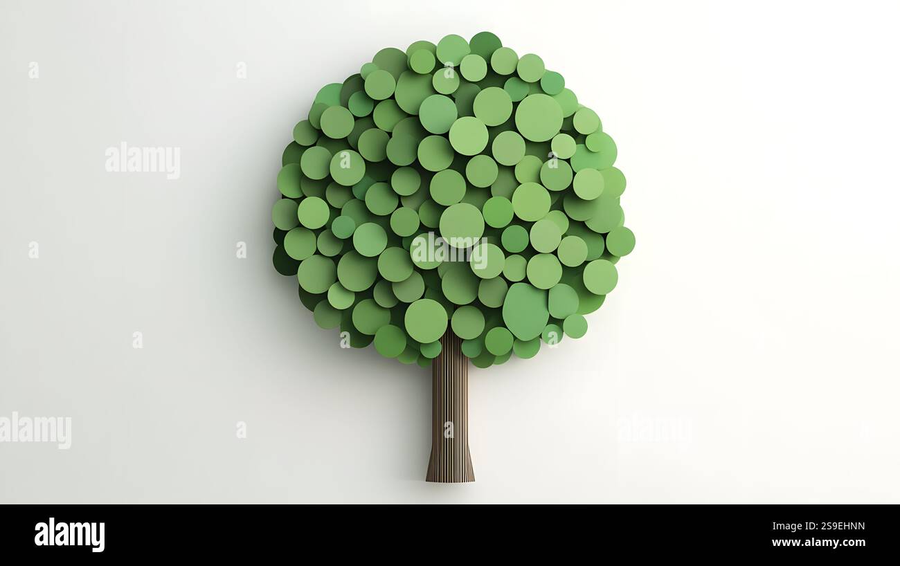 Minimalist green tree icon made up of abstract circular shapes in soft ...