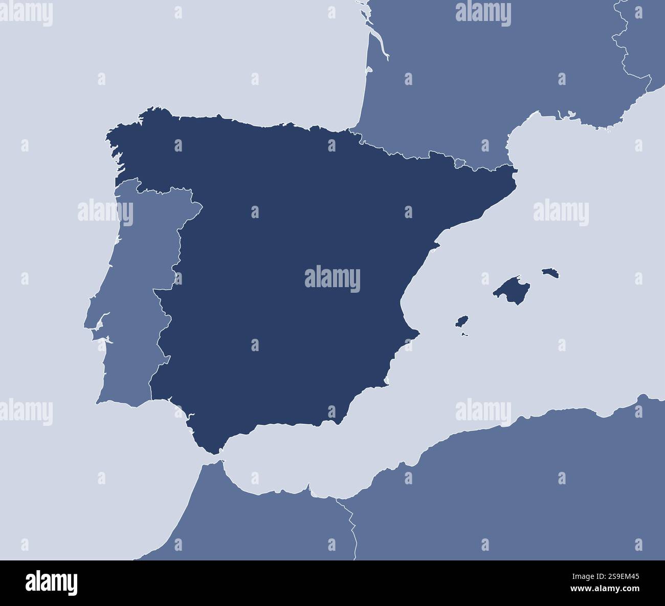 Map of Spain and nearby countries, Spain is highlighted Stock Vector ...