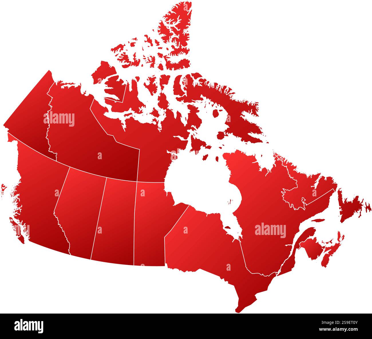 Map of Canada with the provinces, filled with a linear gradient. Stock Vector