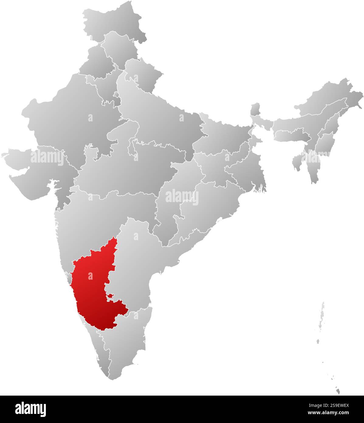 Map of India with the provinces, filled with a linear gradient, Karnataka is highlighted. Stock Vector