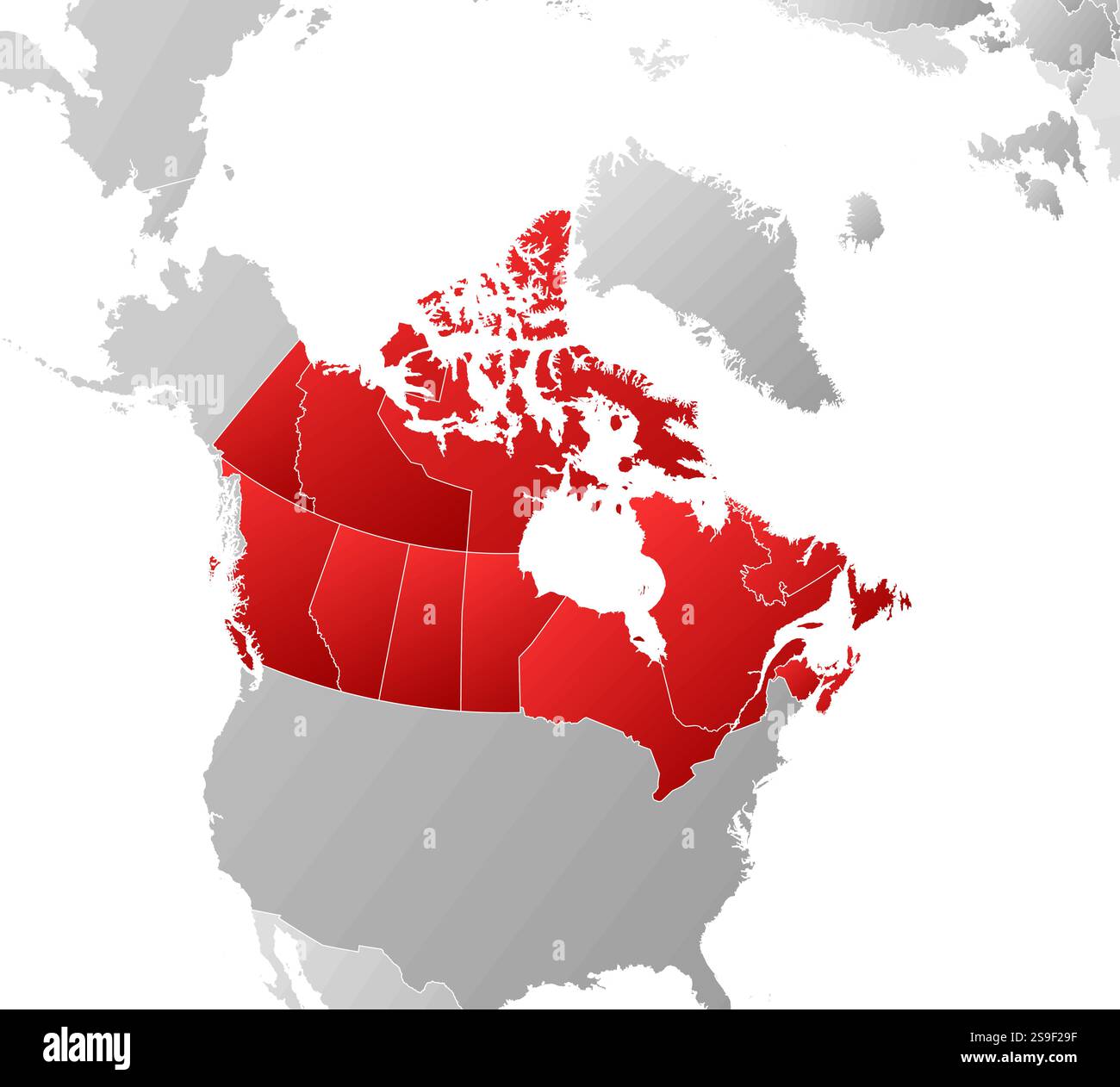 Map of Canada with the provinces and nearby countries, filled with a linear gradient. Stock Vector