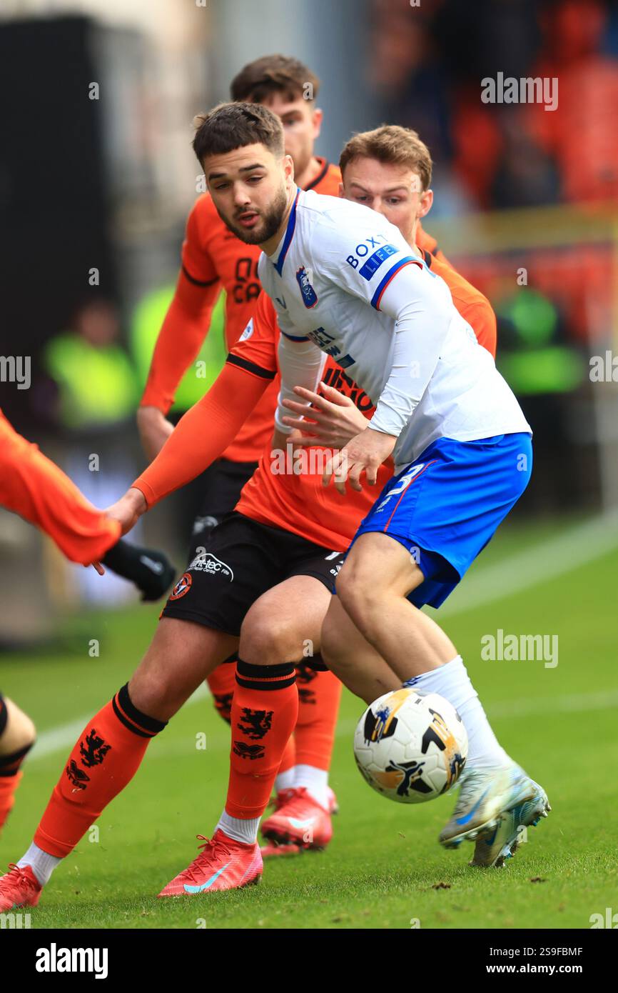 Dundee, Scotland. 26th January 2025;  Tannadice Park, Dundee, Scotland: Scottish Premiership Football, Dundee United versus Rangers; Nicolas Raskin of Rangers challenges for the ball with Sam Dalby of Dundee United Credit: Action Plus Sports Images/Alamy Live News Stock Photo