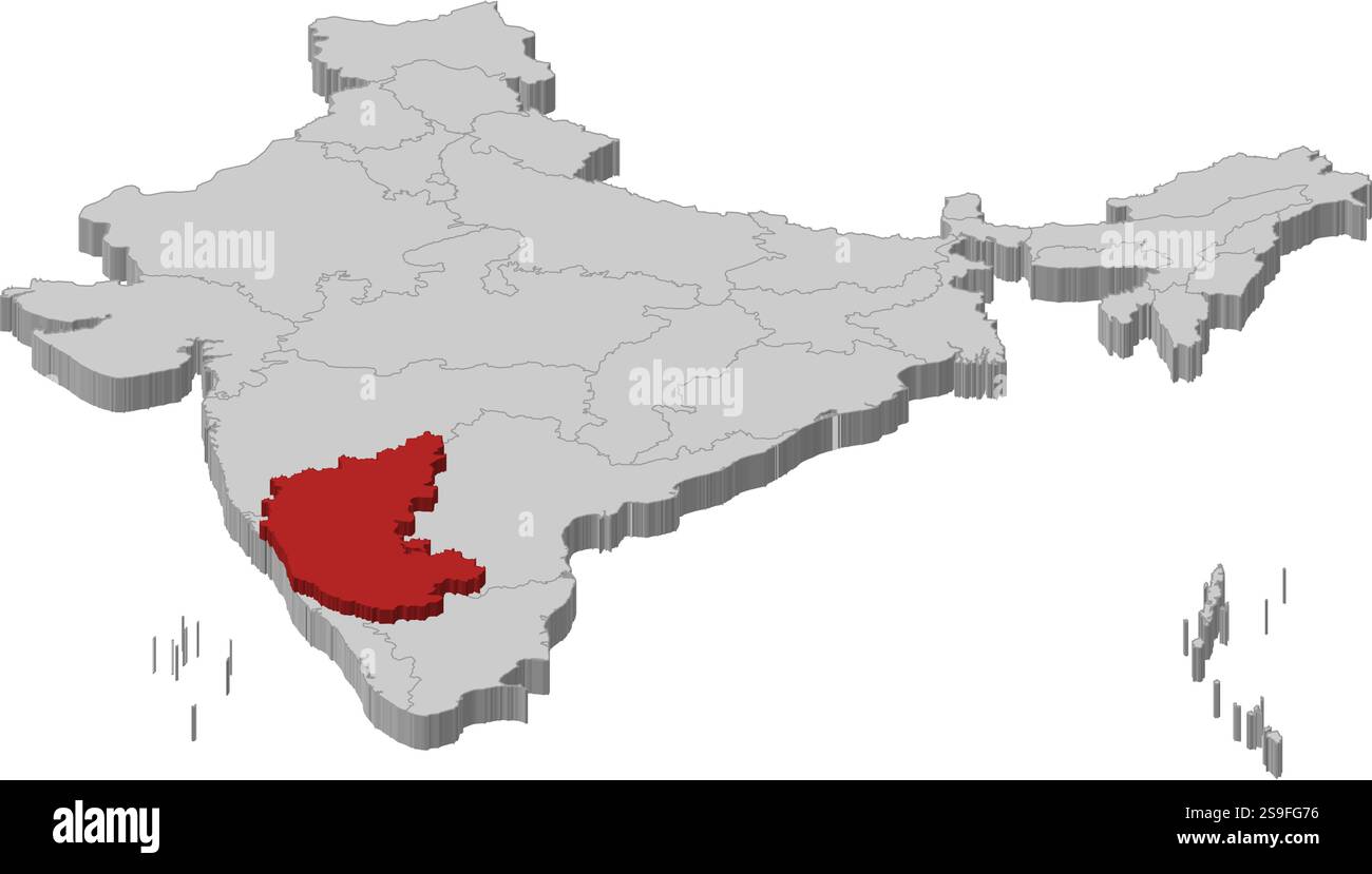 Map of India as a gray piece., Karnataka is highlighted in red. Stock Vector