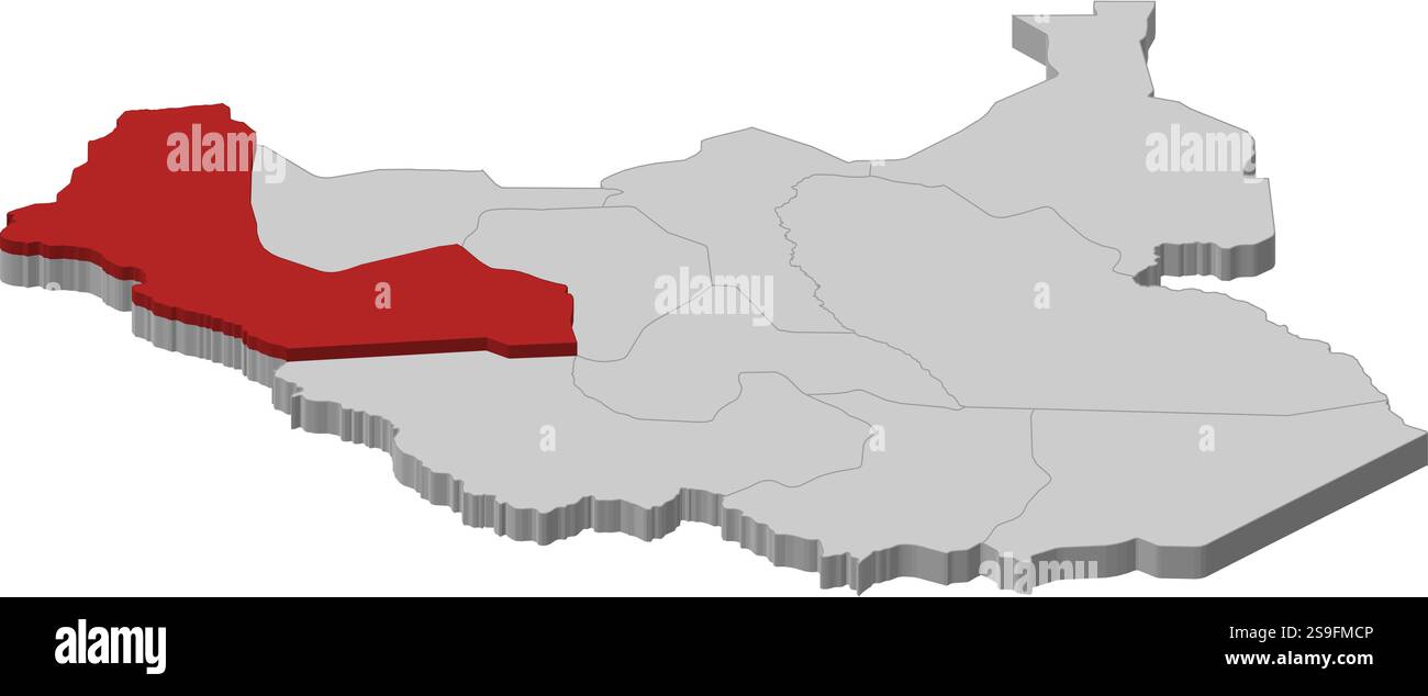 Map of South Sudan as a gray piece, Western Bahr el Ghazal is ...