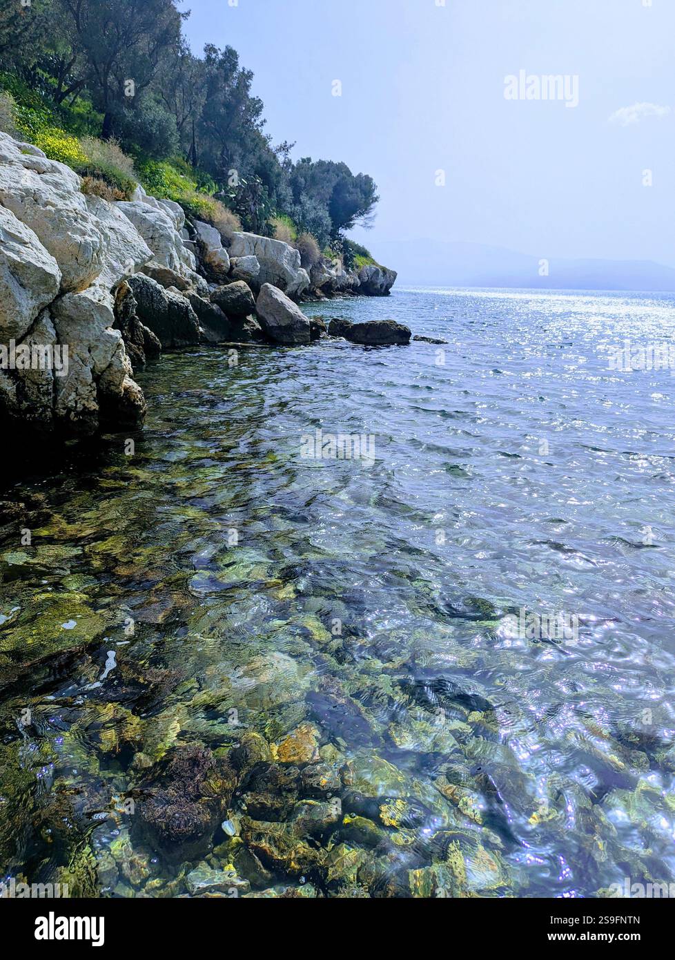 Crystal-clear waters reveal colourful stones beneath the surface, as rugged cliffs and lush greenery frame this serene coastal scene in Nafplio. - Smartphone Captured Stock Image