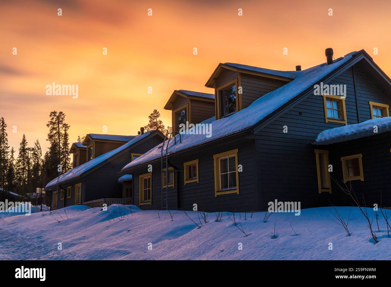 Beautiful sunset ln Akaslompolo in Finnish Lapland. Winter in Finland Stock Photo