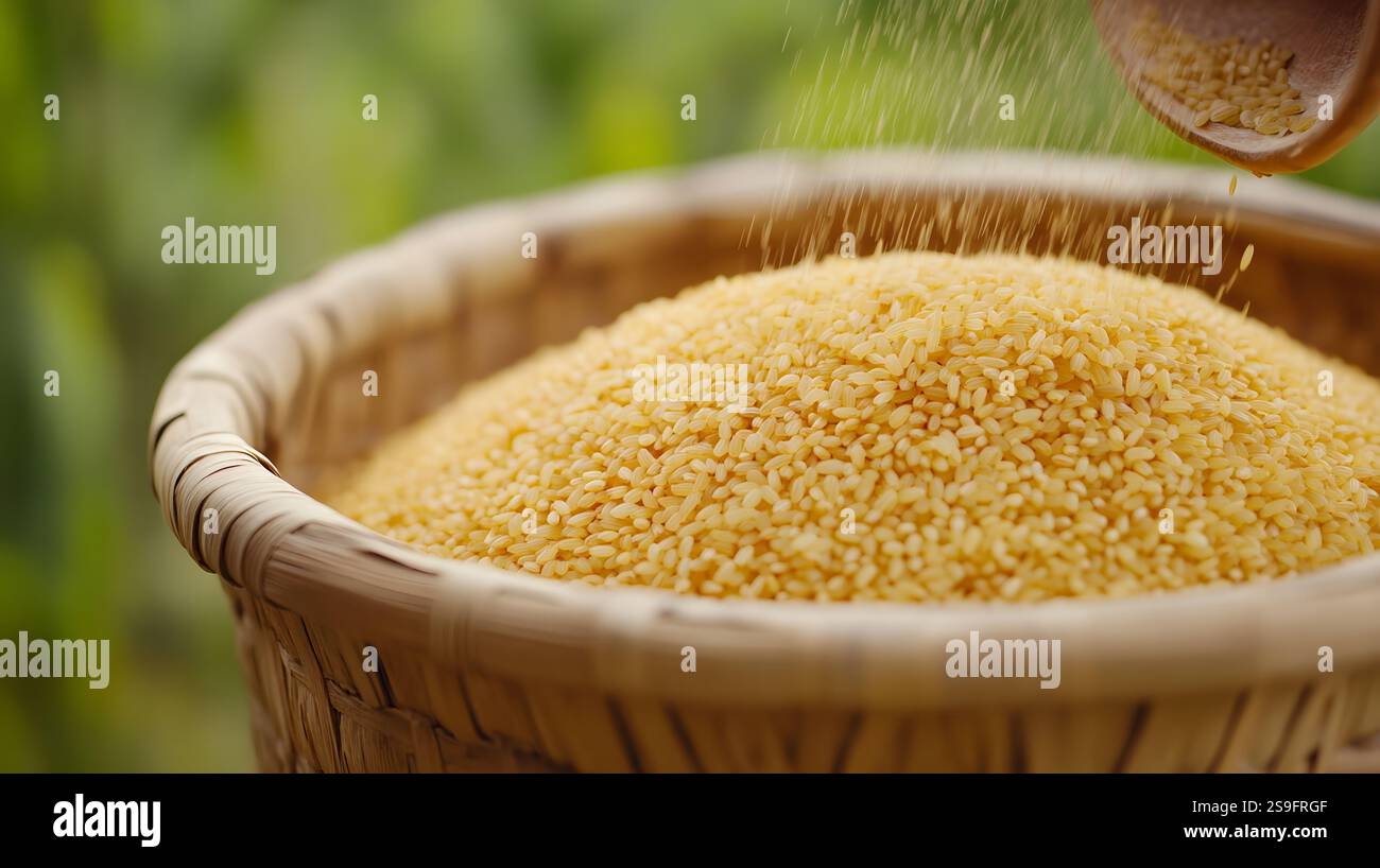 Close-up view of golden rice grains being sifted through a traditional ...