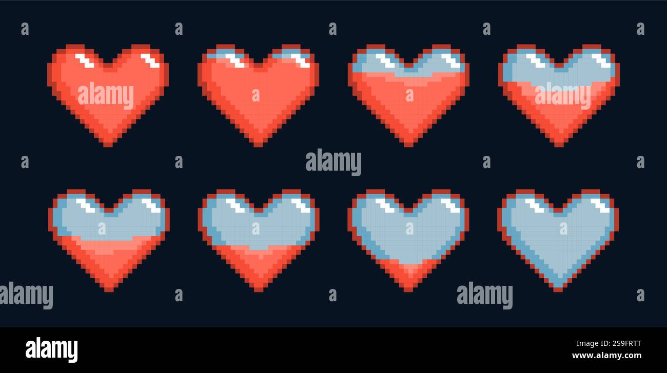 Gradual decrease in life indicator. Pixel heart, health bar level ...