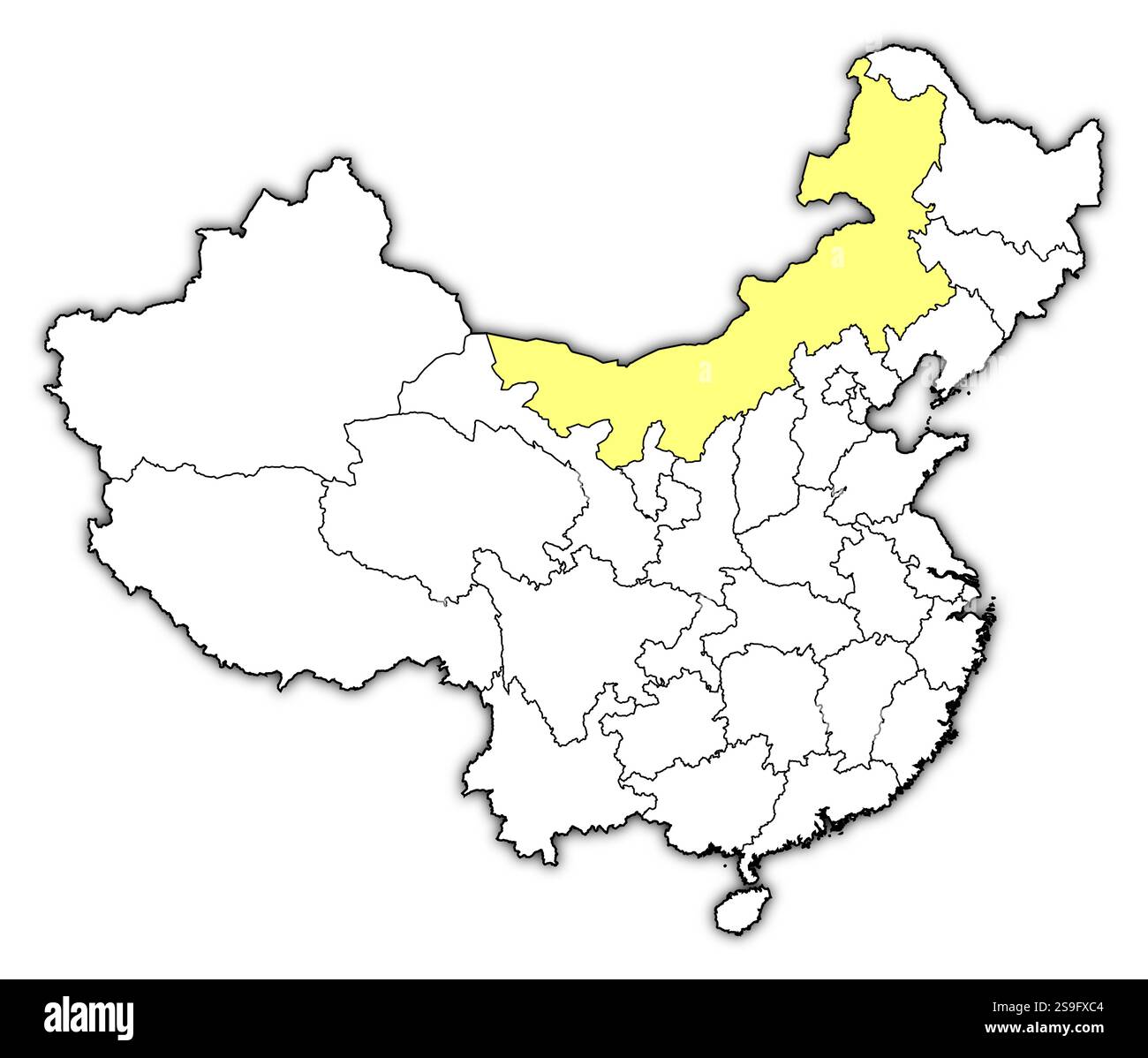 Map of China with the provinces, Inner Mongolia is highlighted in yellow. Stock Vector