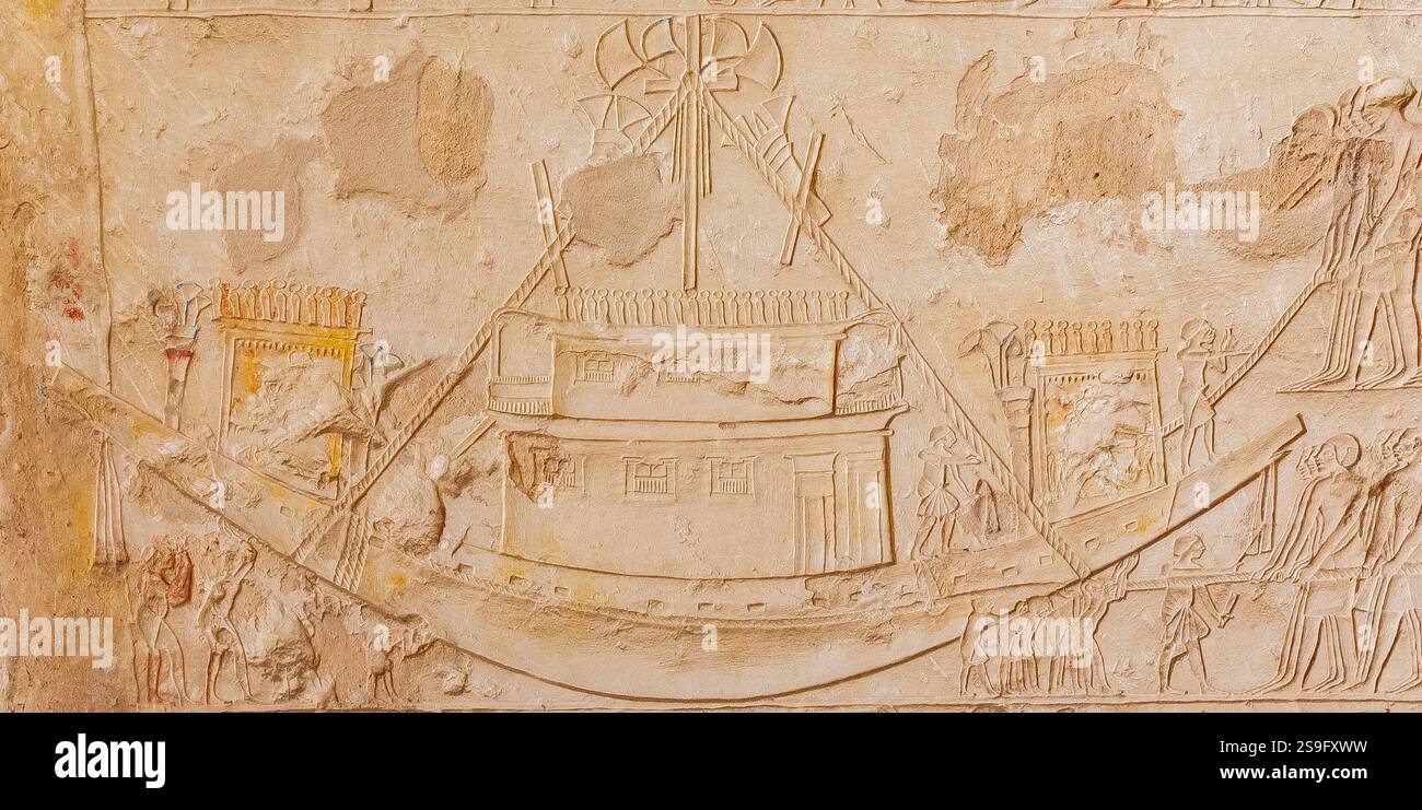 Egypt, Saqqara,  tomb of Meryneith, north wall of the inner court, festivities for the launching of a royal boat. Stock Photo