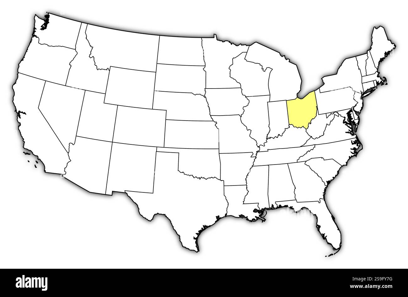 Map of United States with the provinces, Ohio is highlighted in yellow ...
