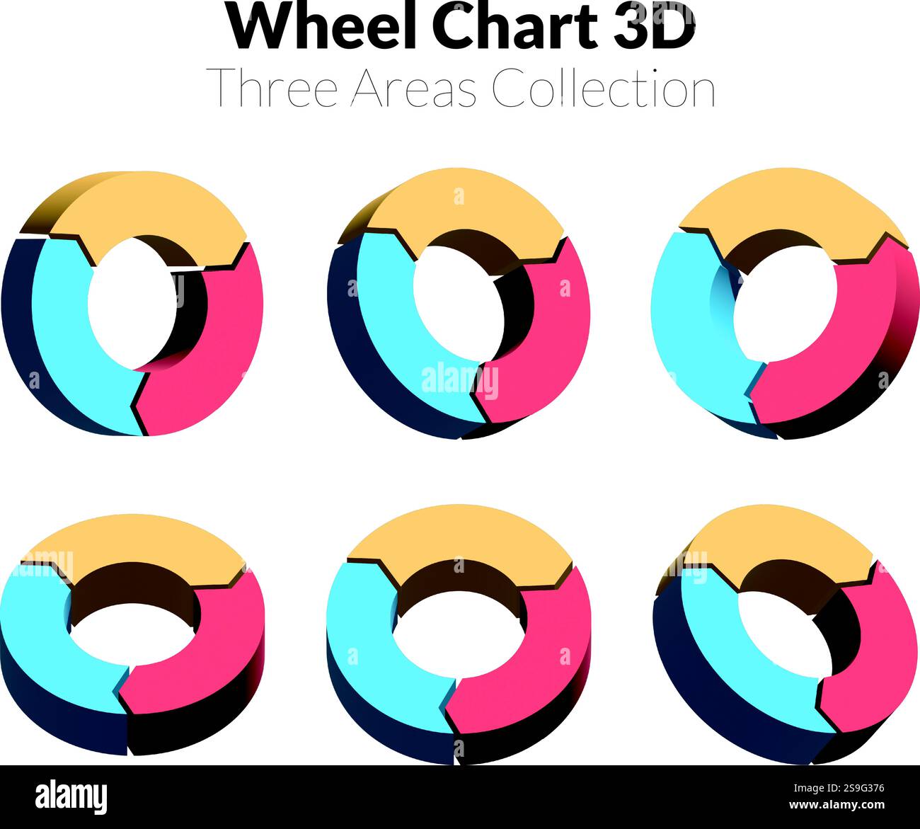 3D wheel chart with yellow, blue, and red segments representing data categories from different perspectives Stock Vector