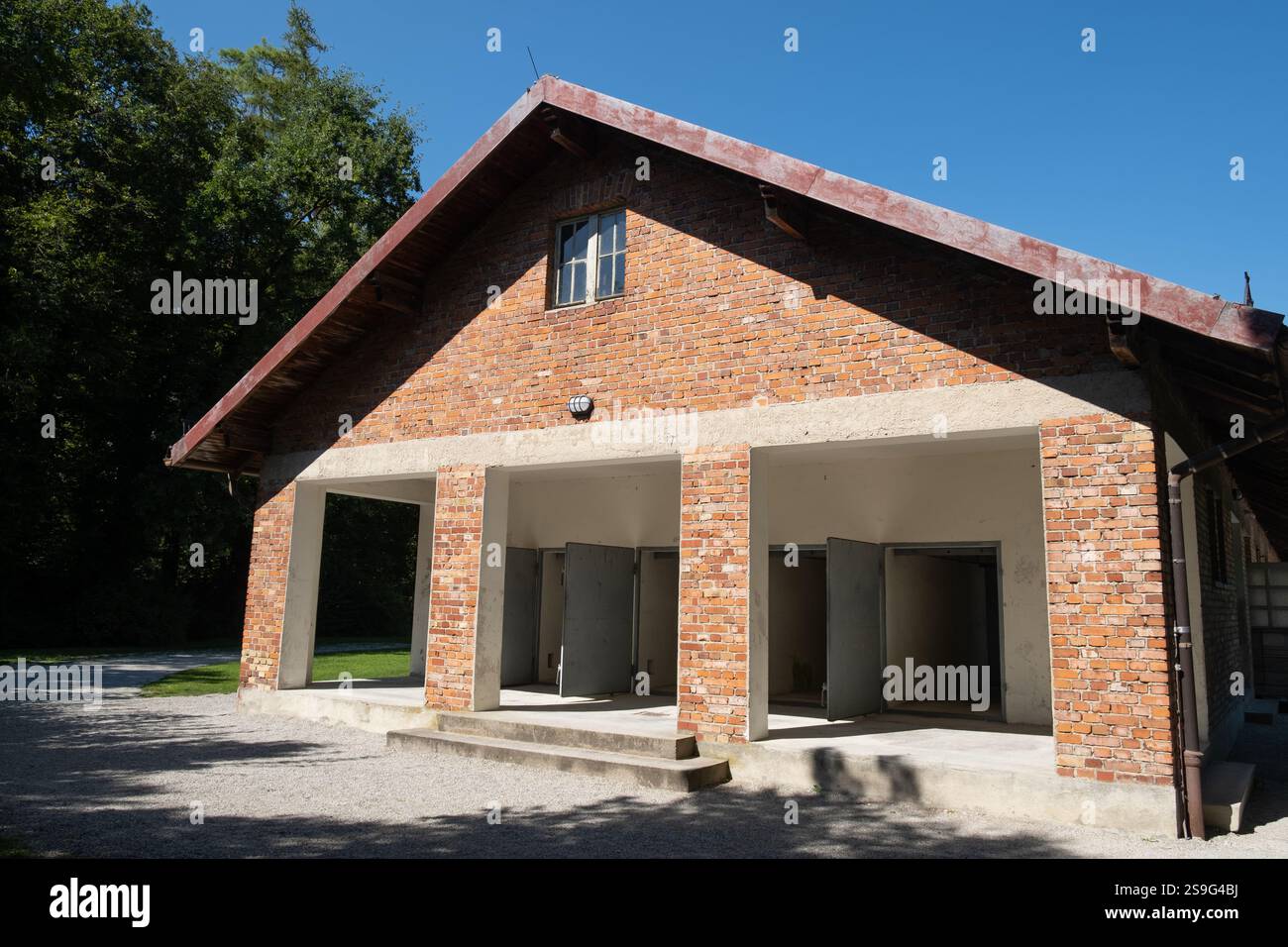 The rear entrance to the second crematorium (known as 'Barrack X'), Dachau Concentration Camp Memorial Site, Dachau, Bavaria, Germany. Stock Photo