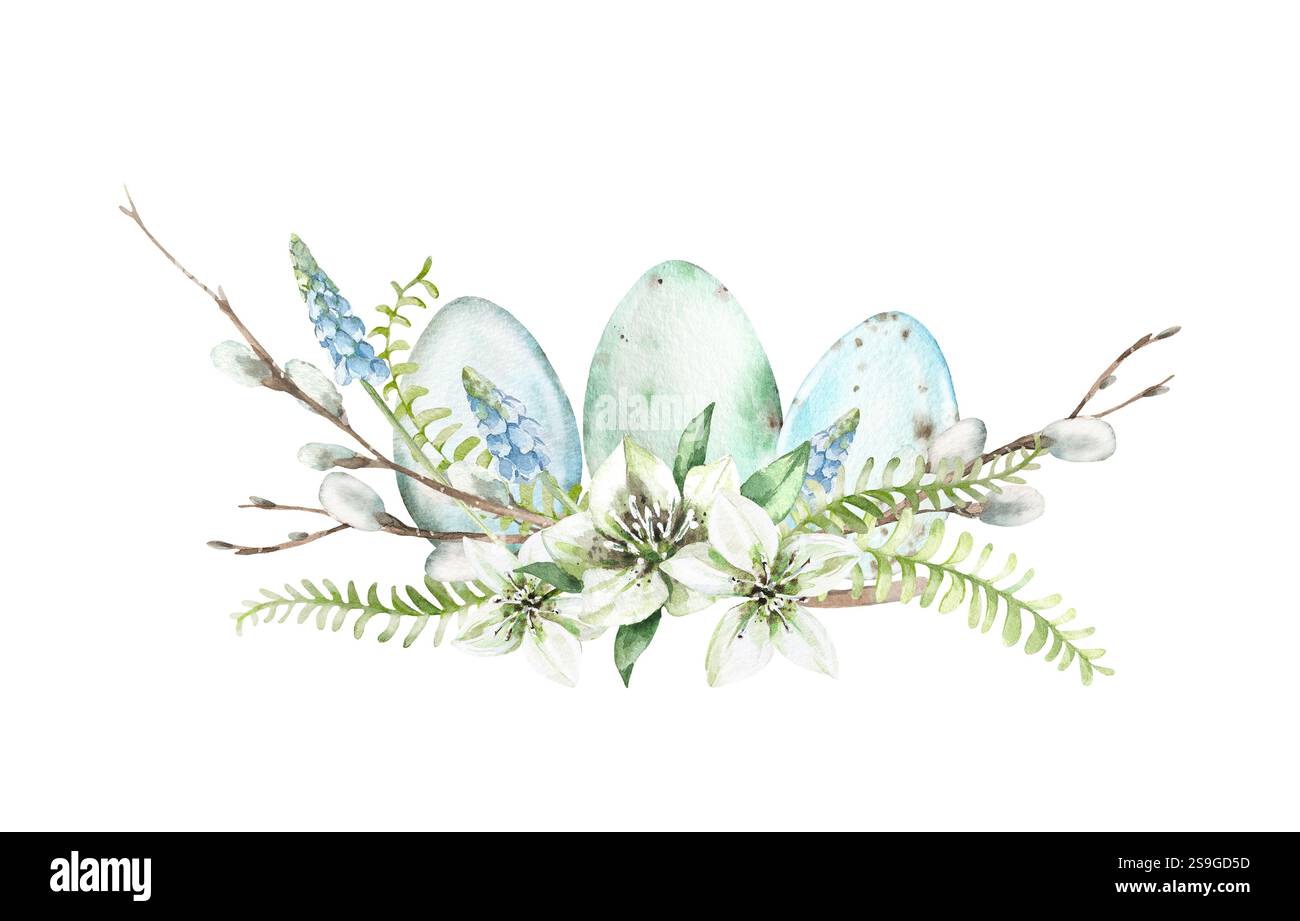 Easter composition with eggs, muscari and helleborus flowers, willow ...